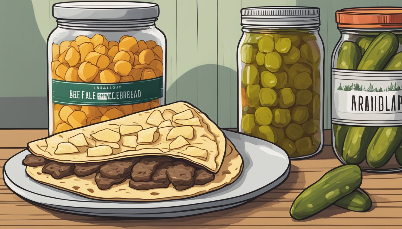 A sealed beef and vegetable flatbread sits on a shelf next to a jar of pickles and a block of cheese. The date on the label indicates it was made two days ago