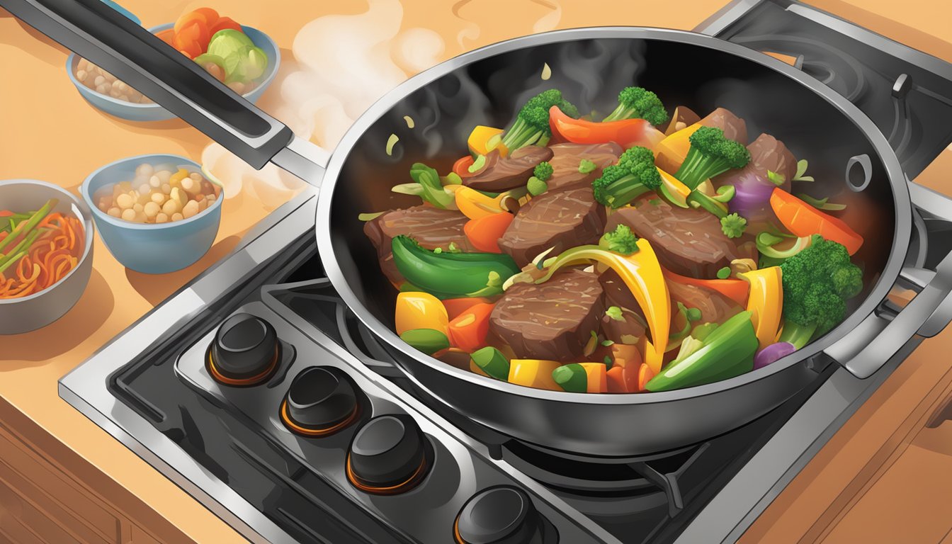 A sizzling stir fry of beef and colorful vegetables in a sizzling wok, steam rising as it cooks on a stovetop