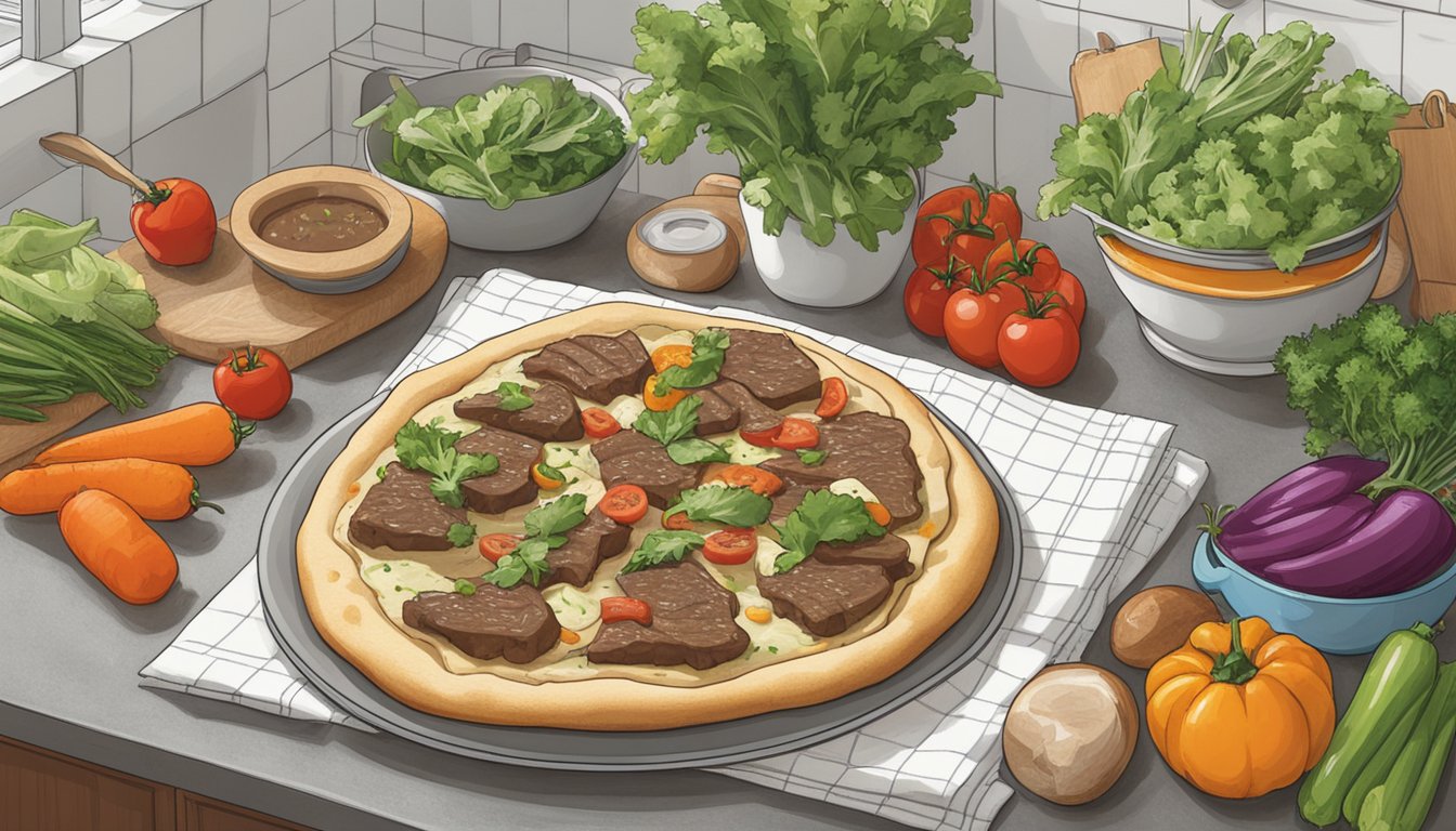 A beef and vegetable flatbread sits on a kitchen counter, surrounded by fresh ingredients. A calendar on the wall indicates the current date