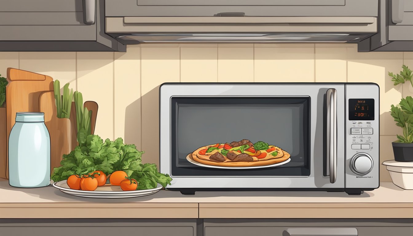 A flatbread with beef and vegetables sits on a plate next to a microwave, with a timer set for reheating