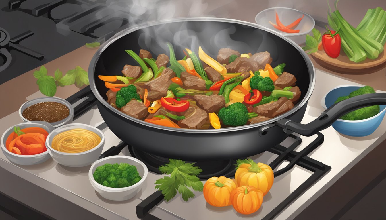 A sizzling beef and vegetable stir fry is being cooked in a wok over a hot stove, filling the kitchen with delicious aromas. The dish is being carefully prepared and seasoned with various herbs and spices