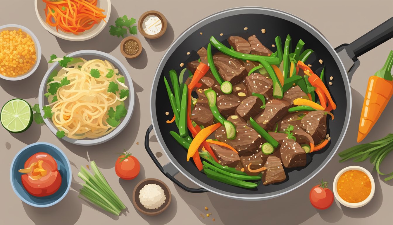 A sizzling beef and vegetable stir fry in a sizzling wok, surrounded by fresh ingredients and a timer set to gauge its longevity