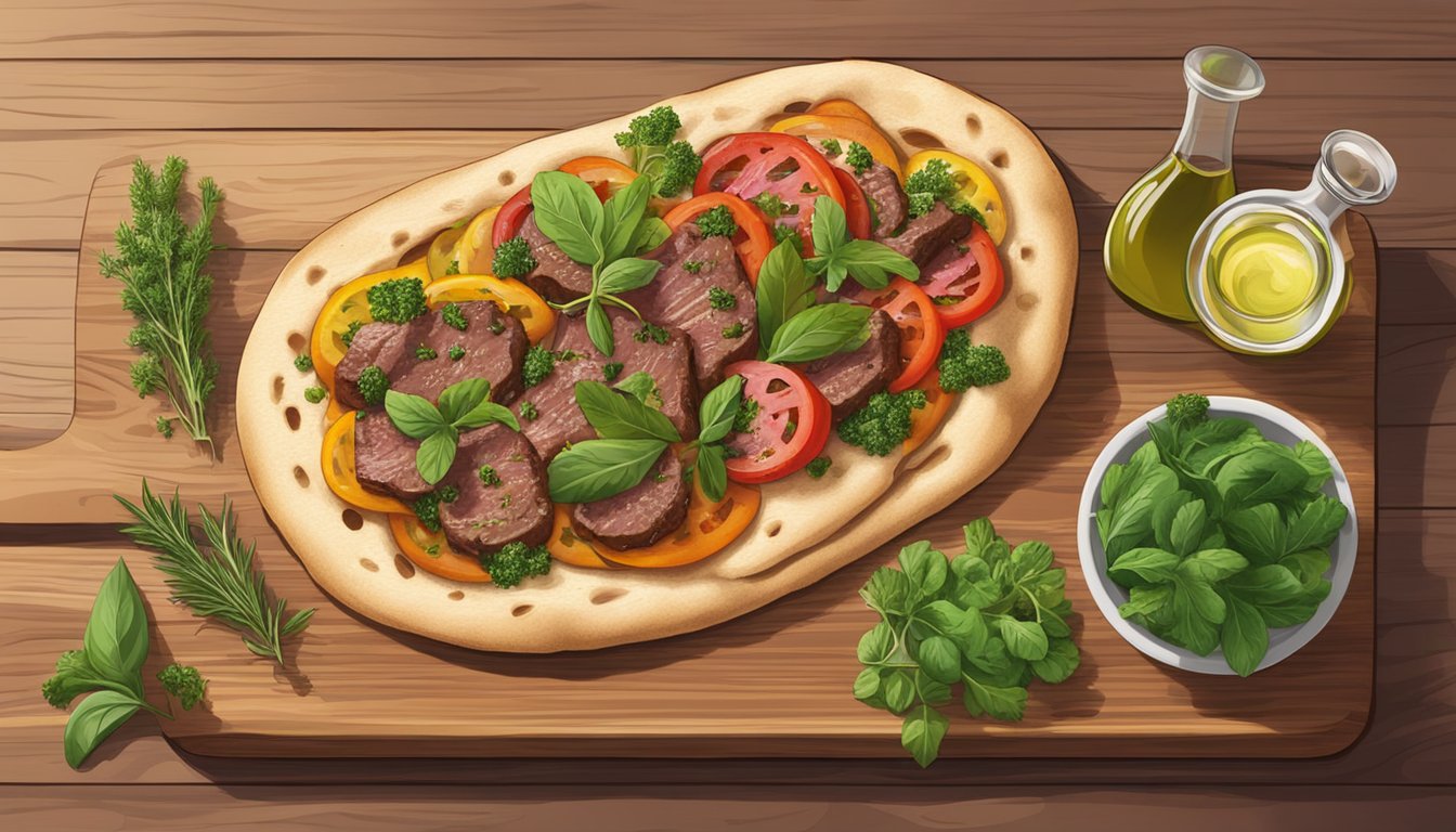 A flatbread topped with beef and vegetables sits on a wooden cutting board, surrounded by fresh herbs and a bottle of olive oil