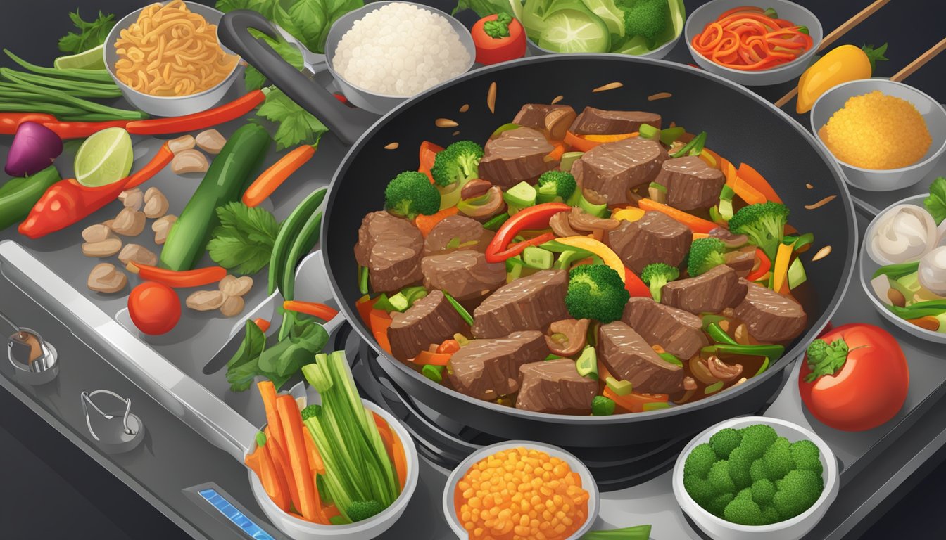 A sizzling beef and vegetable stir fry in a sizzling hot wok on a gas stove, surrounded by fresh ingredients and cooking utensils