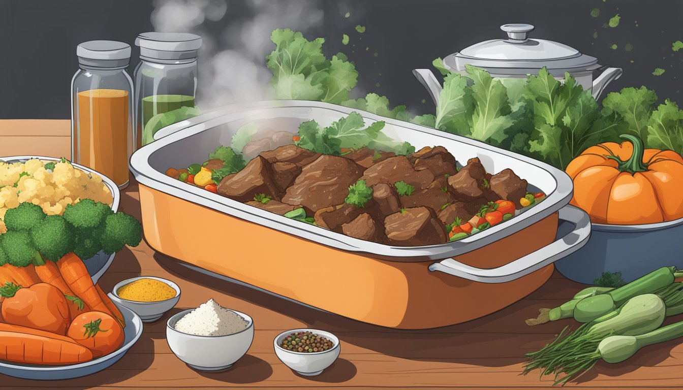 A beef and vegetable casserole sits on a kitchen shelf, surrounded by various ingredients and spices. The steam rises from the dish, indicating its freshness