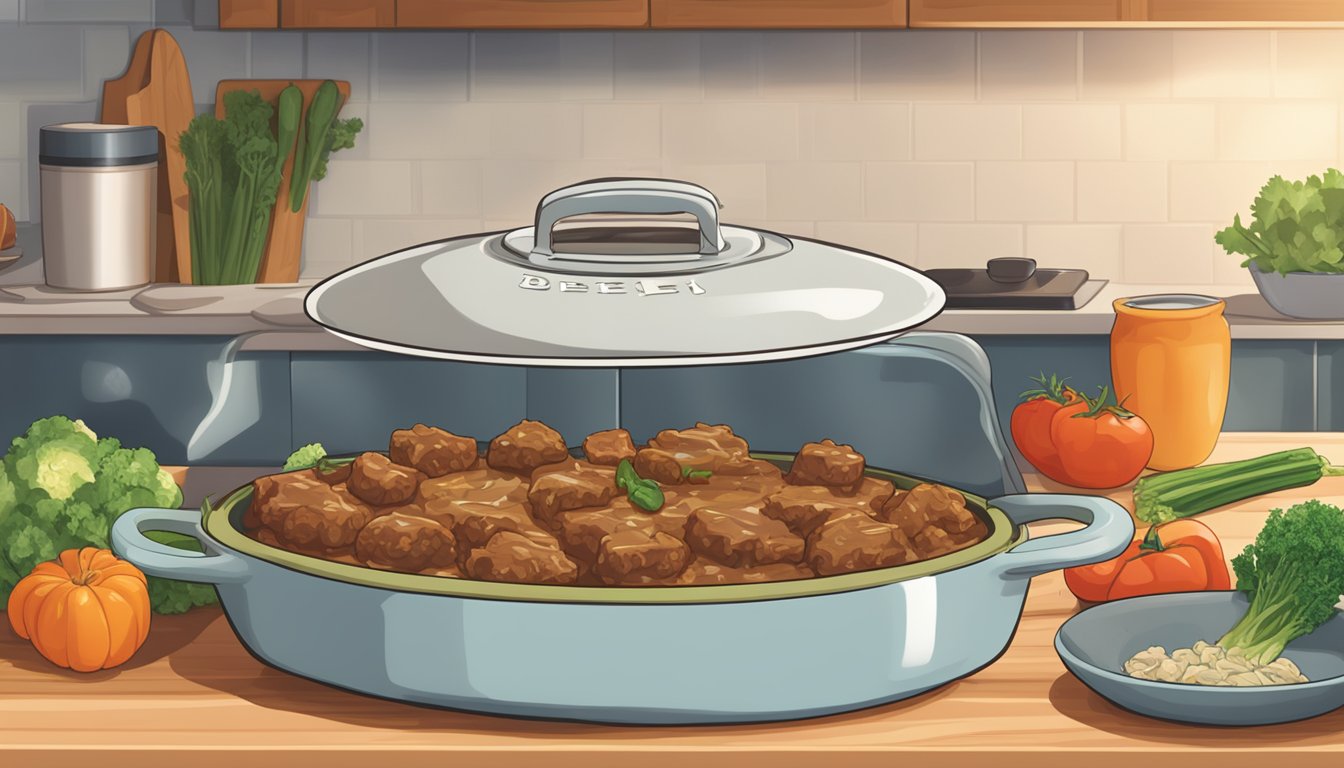 A beef and vegetable casserole sits in a covered dish on a kitchen counter, with a calendar in the background marking the date of preparation