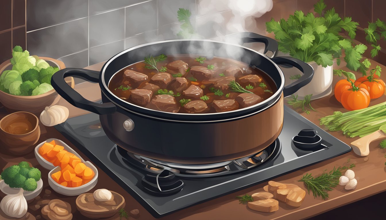 A simmering pot of beef bourguignon on a stovetop, surrounded by aromatic vegetables and herbs, with steam rising from the rich, savory broth