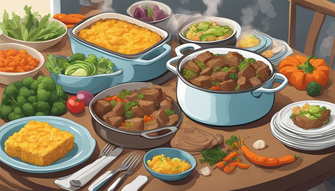 A steaming beef and vegetable casserole sits on a table surrounded by colorful side dishes, adding a pop of color to the meal