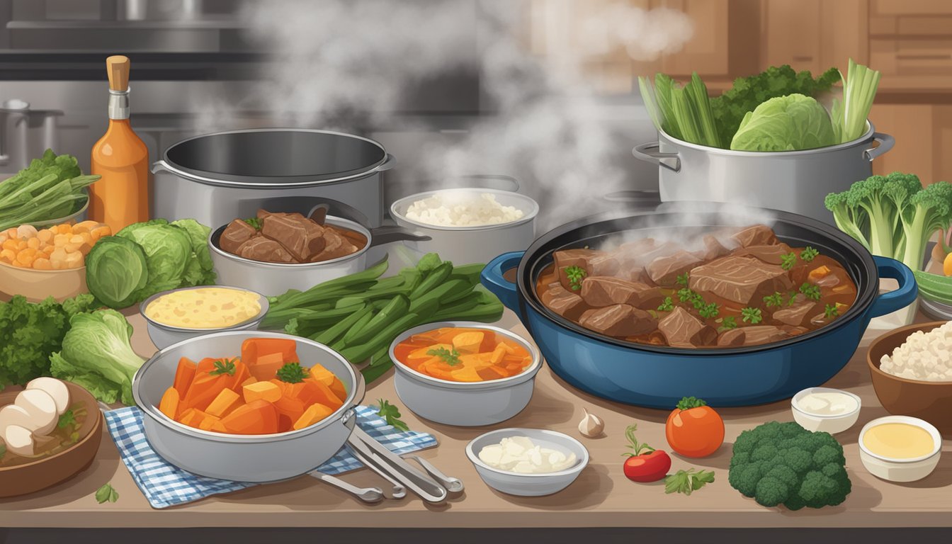 A steaming beef and vegetable casserole sits on a kitchen counter, surrounded by various ingredients and cooking utensils