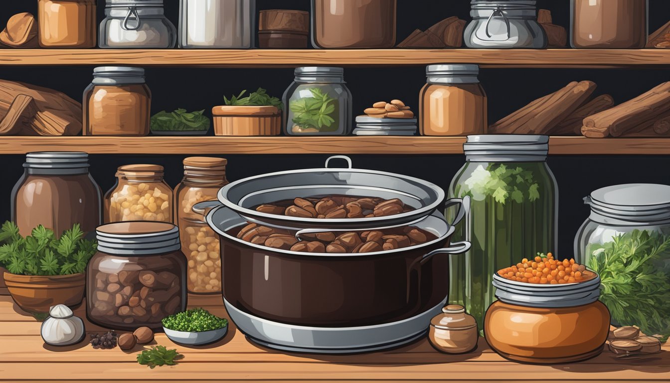 A pot of beef bourguignon sits on a shelf, surrounded by jars of herbs and spices. The rich, savory aroma fills the air