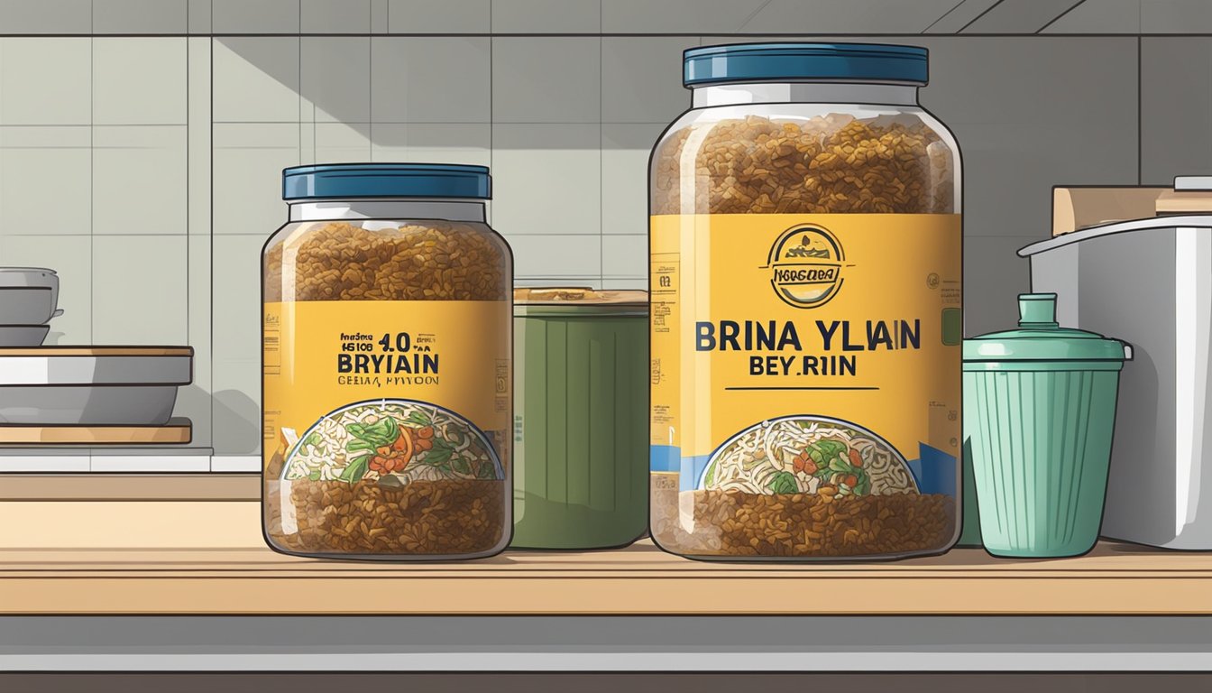 A sealed container of beef biryani sits on a kitchen shelf, with a "use by" date clearly visible