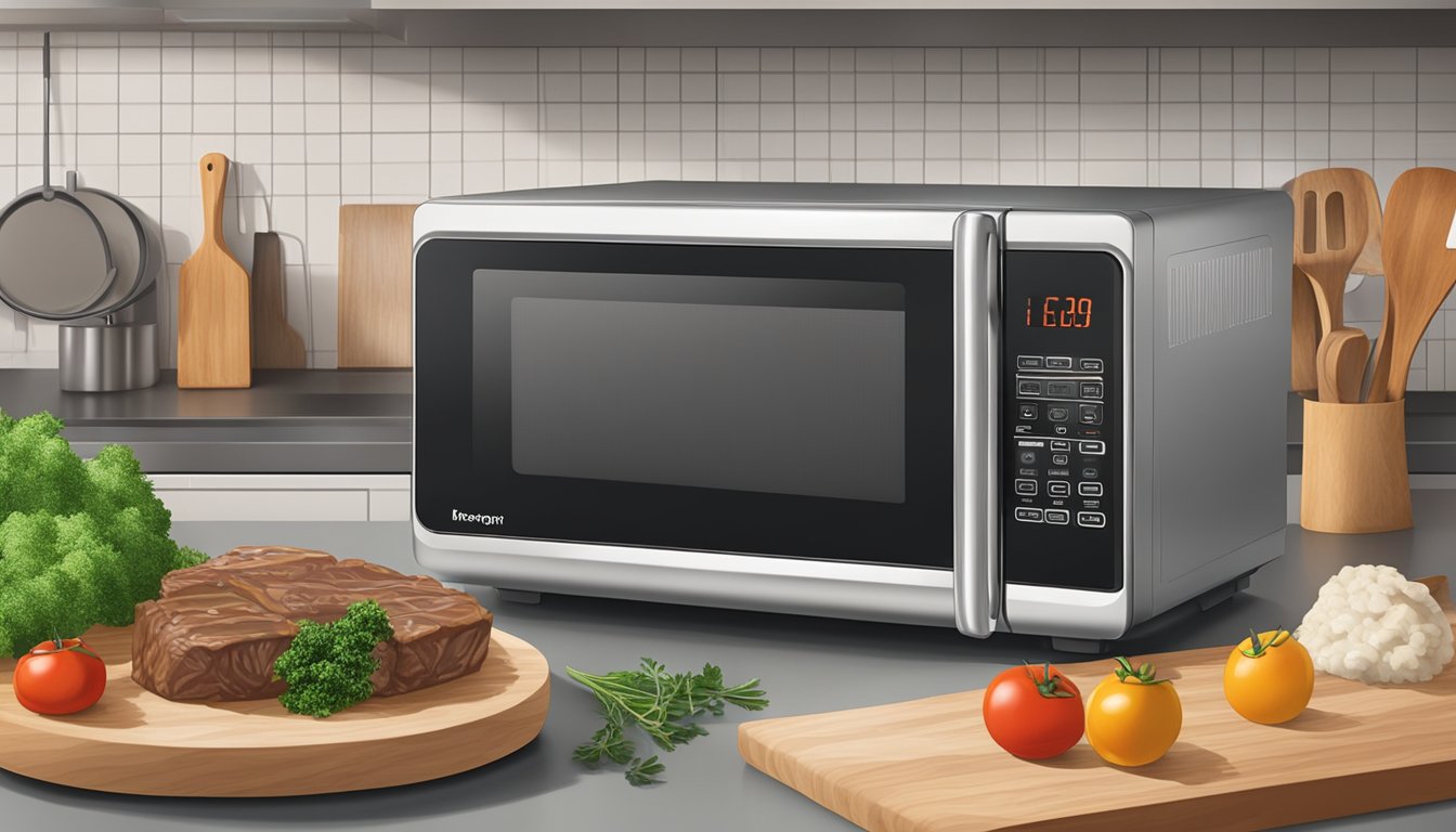 A steaming bowl of beef bourguignon sits on a kitchen counter, covered with a lid. A microwave timer displays the recommended reheating time