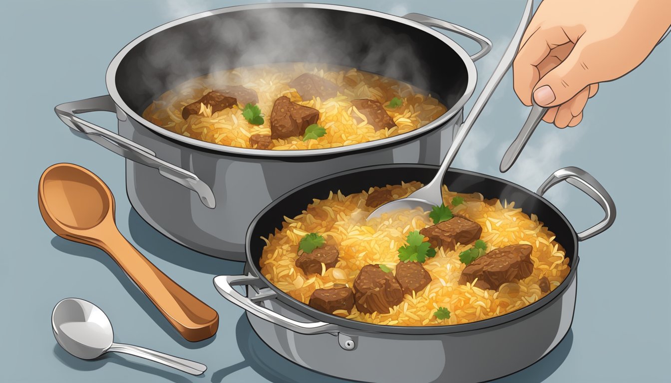 A steaming pot of beef biryani being reheated on a stovetop, with a serving spoon resting on the side