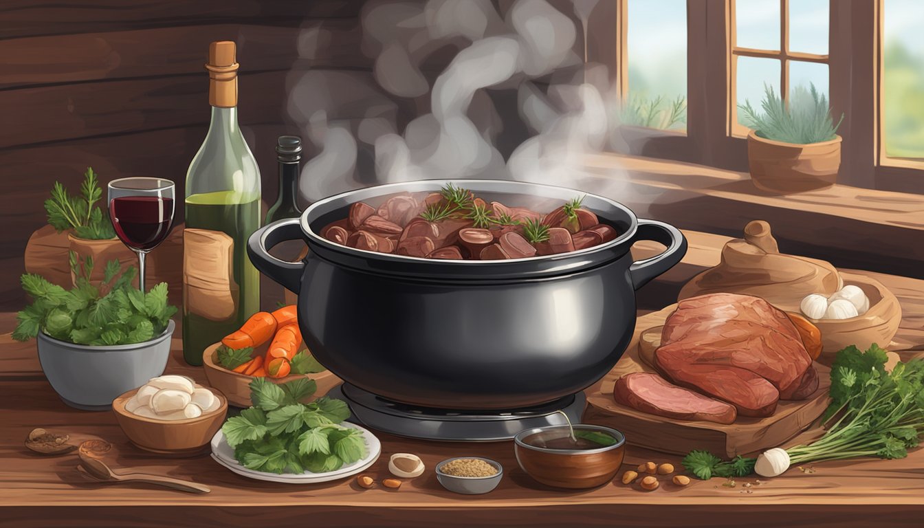 A steaming pot of beef bourguignon sits on a rustic wooden table, surrounded by a bottle of red wine and various herbs and spices