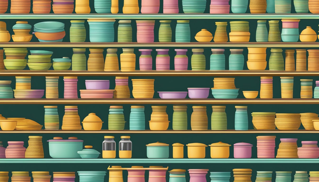 A colorful kitchen shelf with neatly stacked containers of biryani, labeled with expiration dates