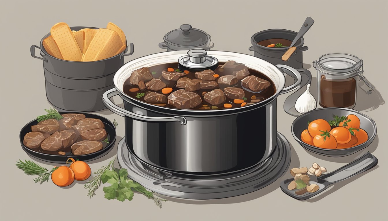 A pot of beef bourguignon simmering on a stove, surrounded by various ingredients and cooking utensils