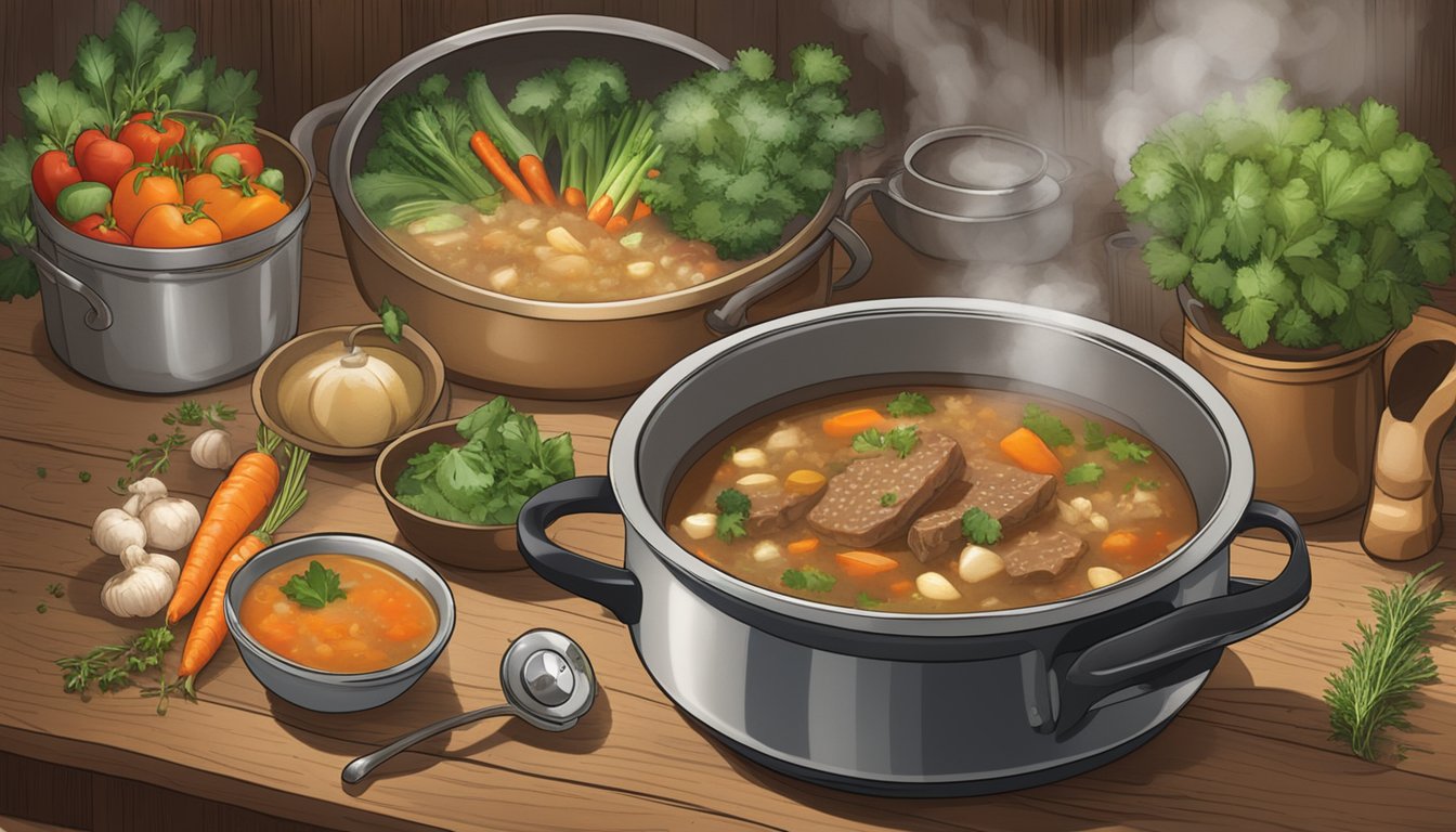 A steaming pot of beef barley soup sits on a rustic wooden table, surrounded by fresh vegetables and herbs. A timer on the stove indicates the soup has been simmering for hours