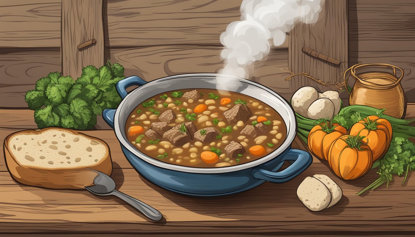 A steaming pot of beef barley soup sits on a rustic wooden table, surrounded by fresh vegetables and a loaf of crusty bread