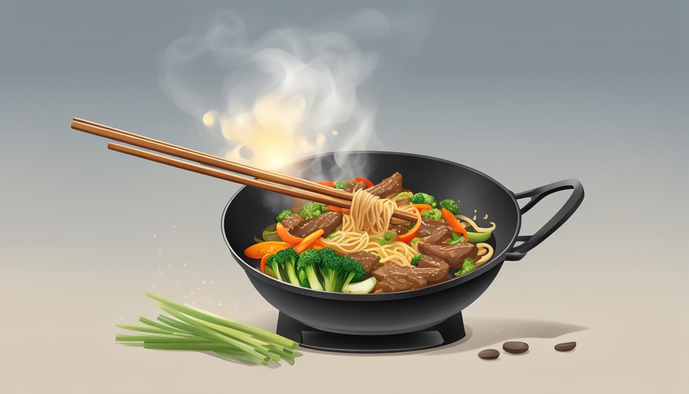 A sizzling wok filled with stir-fried beef, mixed vegetables, and steaming noodles, emitting a savory aroma