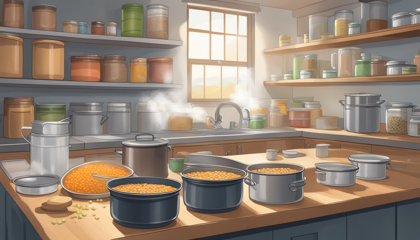 A pot of beef barley soup sits on a kitchen counter, steam rising from its surface. Nearby, shelves hold various canned goods and dry ingredients