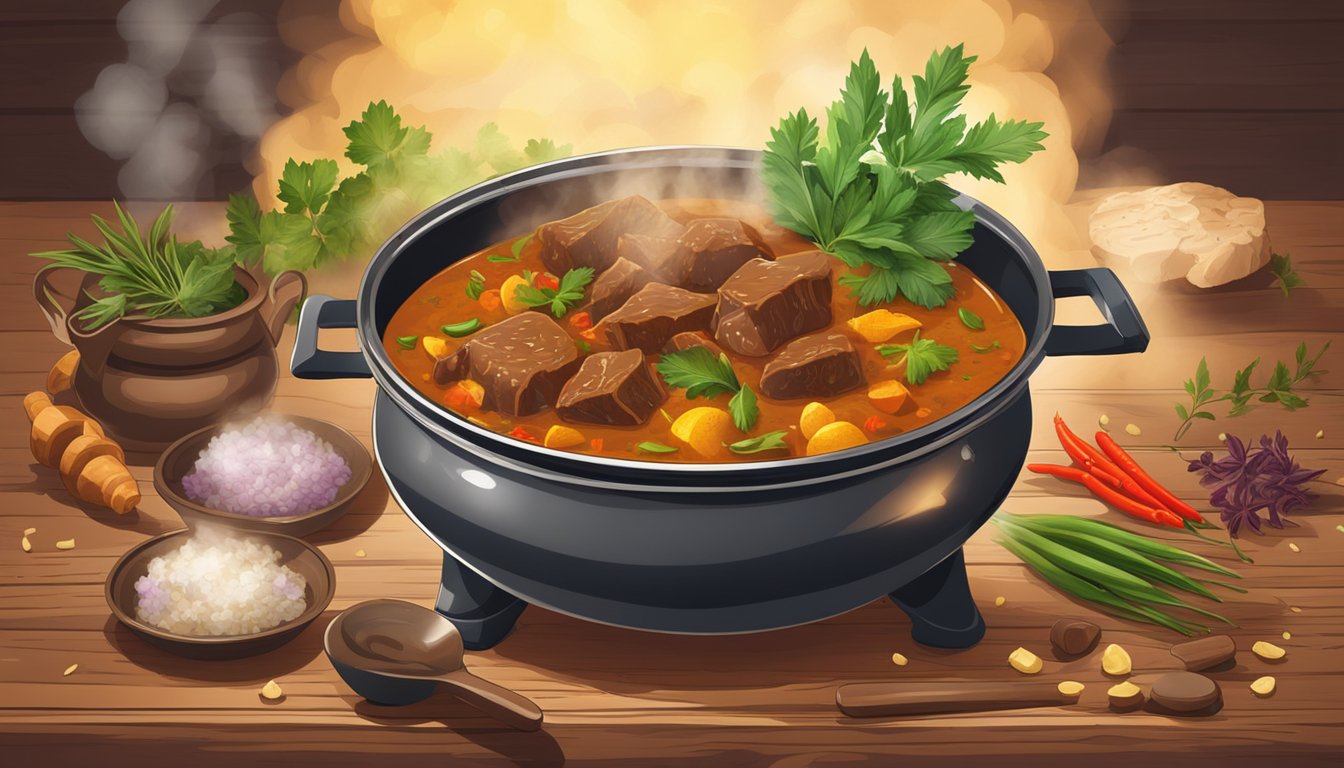 A steaming pot of beef curry sits on a rustic wooden table, surrounded by vibrant spices and fresh herbs. The rich aroma fills the air