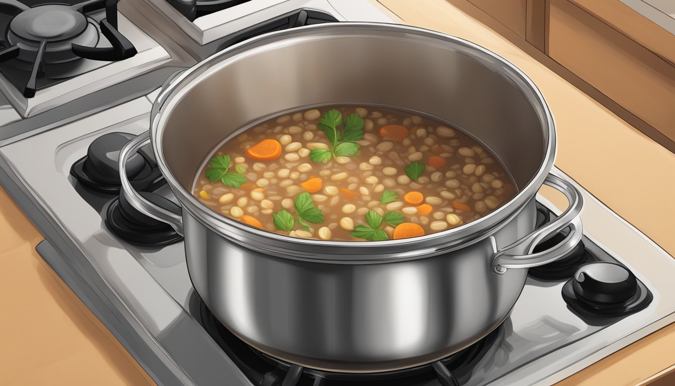 A pot of beef barley soup sits on a stovetop, steam rising from the surface as it simmers. A timer nearby indicates the recommended reheating time