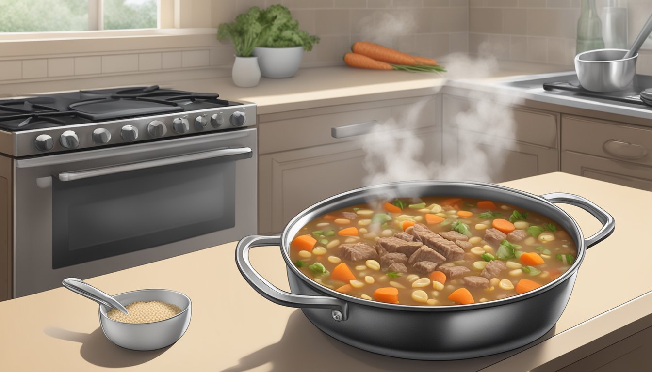 A pot of beef barley soup sits on a stovetop, steam rising. Ingredients like beef, barley, carrots, and celery are visible. A nutrition label is nearby