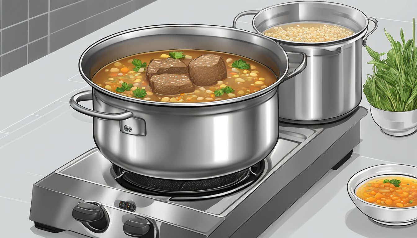 A pot of beef barley soup sits on a stovetop, steam rising from the rich, hearty broth. A ladle rests on the side, ready for serving