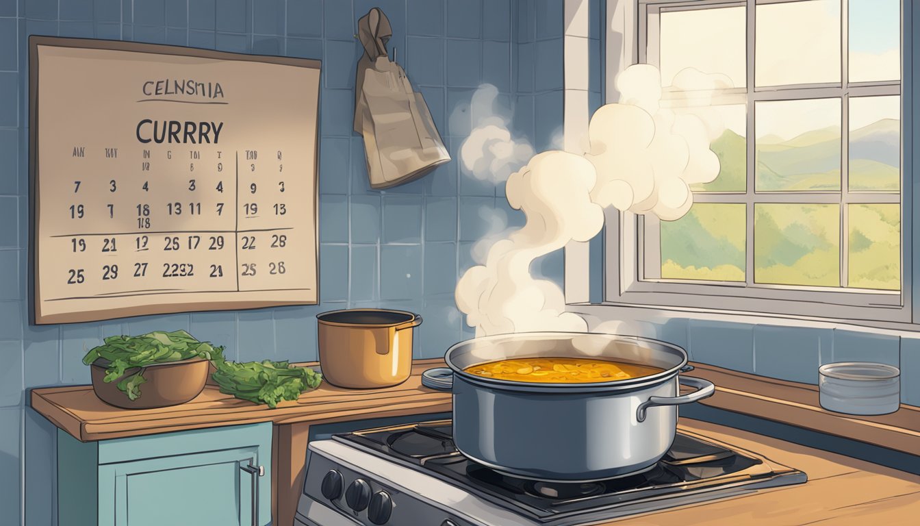 A pot of beef curry sits on a stove, steam rising from the bubbling liquid. A calendar on the wall shows the current date