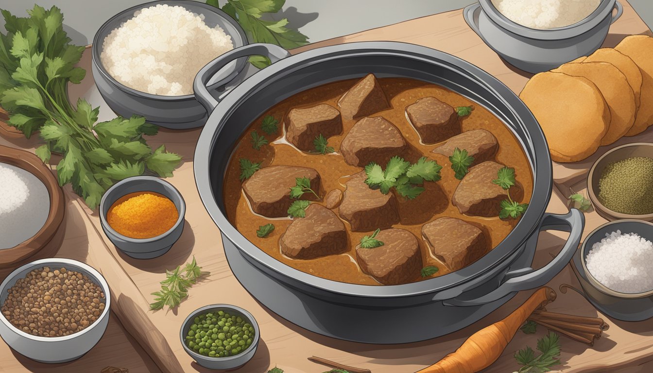 A pot of beef curry sits on a kitchen counter, surrounded by various spices and herbs. The lid is slightly ajar, steam rising from the rich, aromatic dish