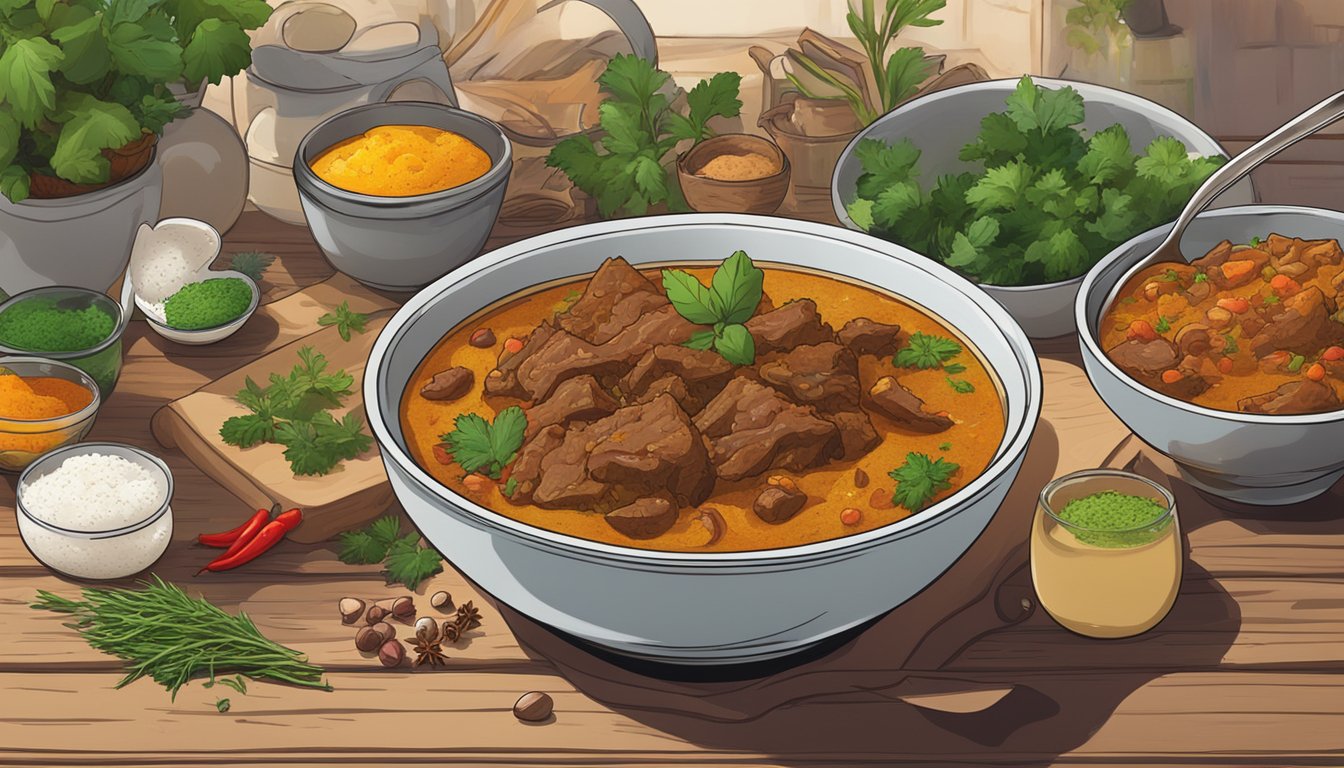 A bowl of leftover beef curry sits on a wooden table, surrounded by vibrant spices and fresh herbs. A spoon rests beside the bowl, ready for serving