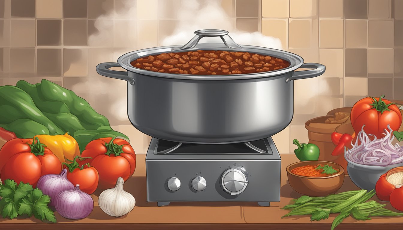 A steaming pot of beef chili sits on a stove, surrounded by fresh ingredients like tomatoes, onions, and peppers. The aroma of spices fills the air