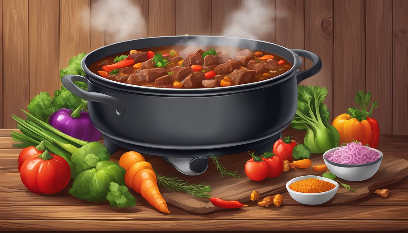 A steaming pot of beef goulash sits on a rustic wooden table, surrounded by colorful spices and fresh vegetables