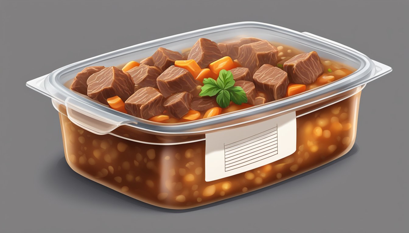 A pot of beef goulash stored in a sealed container in the refrigerator