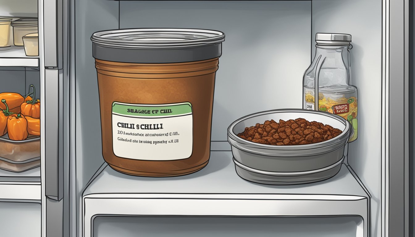 A pot of beef chili sits in the refrigerator, with a label indicating the date it was made. The chili is starting to develop mold and a foul odor, indicating spoilage