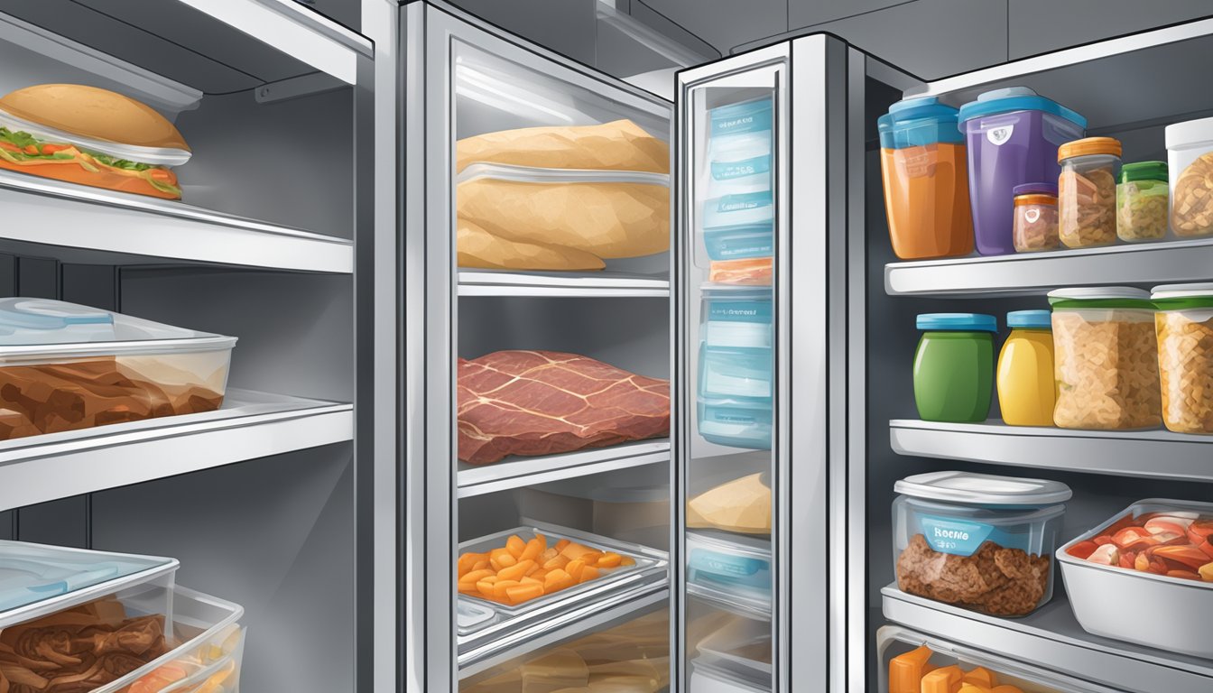 A sealed container of beef gyro sits in a refrigerator, with a label indicating the date it was prepared. The container is surrounded by other food items, neatly organized on the shelves