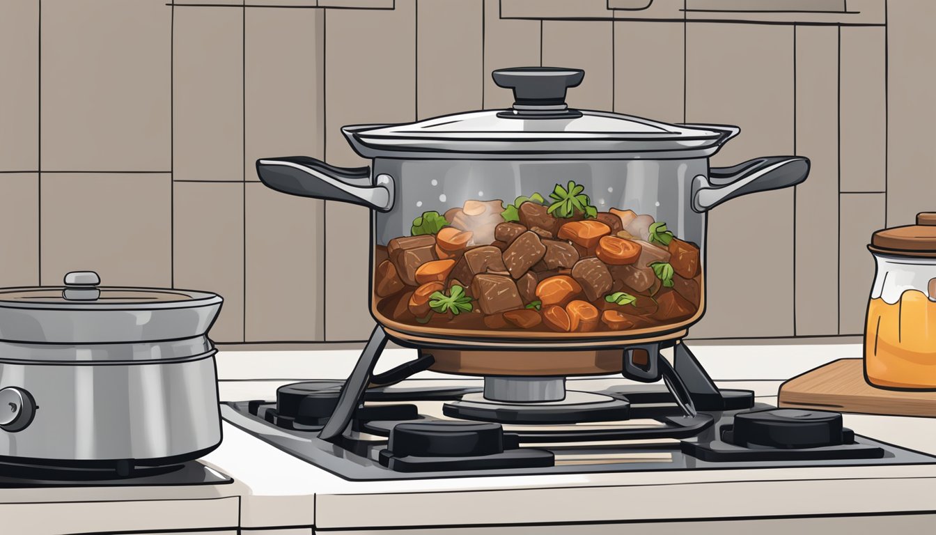 A pot of beef goulash sits on a stovetop, steam rising. Nearby, a timer shows the reheating time