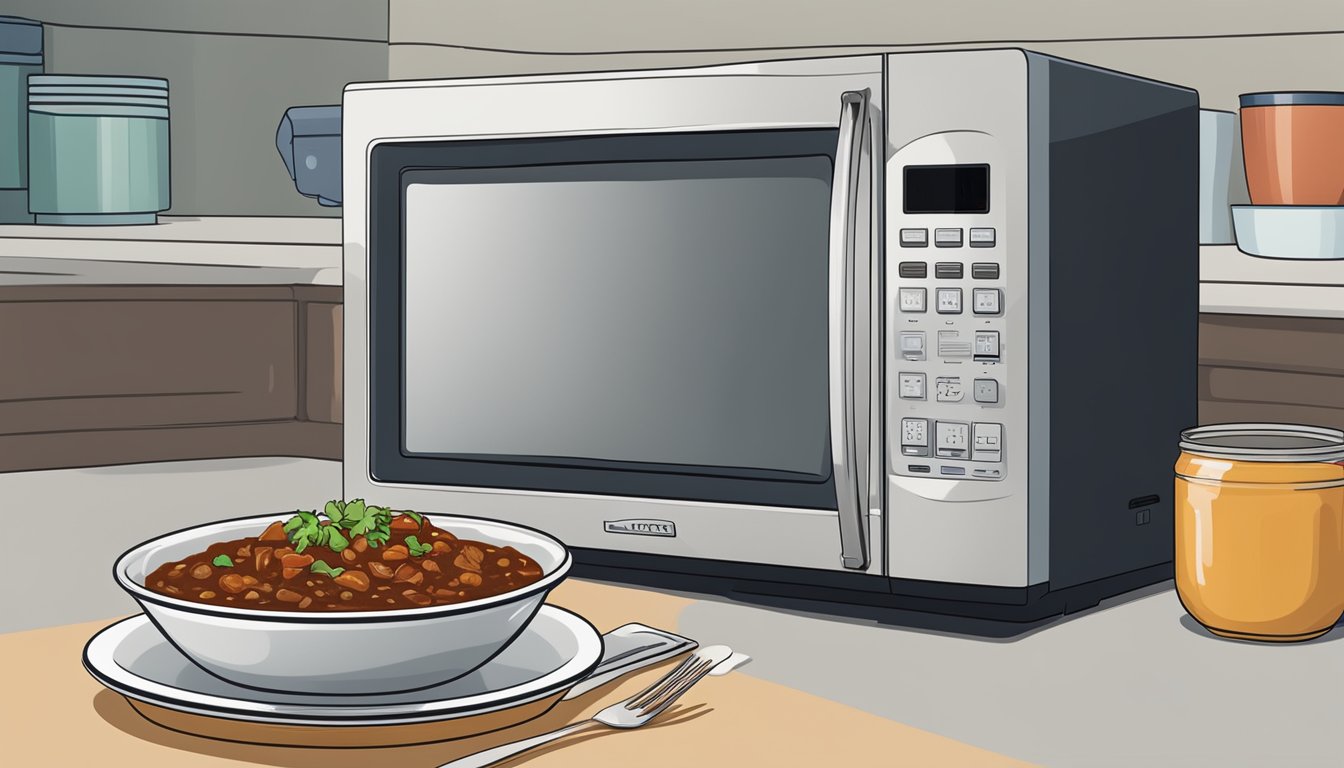 A bowl of beef chili sits in a microwave next to a plate and fork. The microwave's digital display shows the remaining cook time