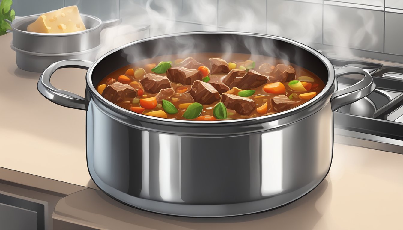 A pot of beef goulash sits on a kitchen counter, covered with a lid. Steam rises from the rich, savory stew, indicating its freshness