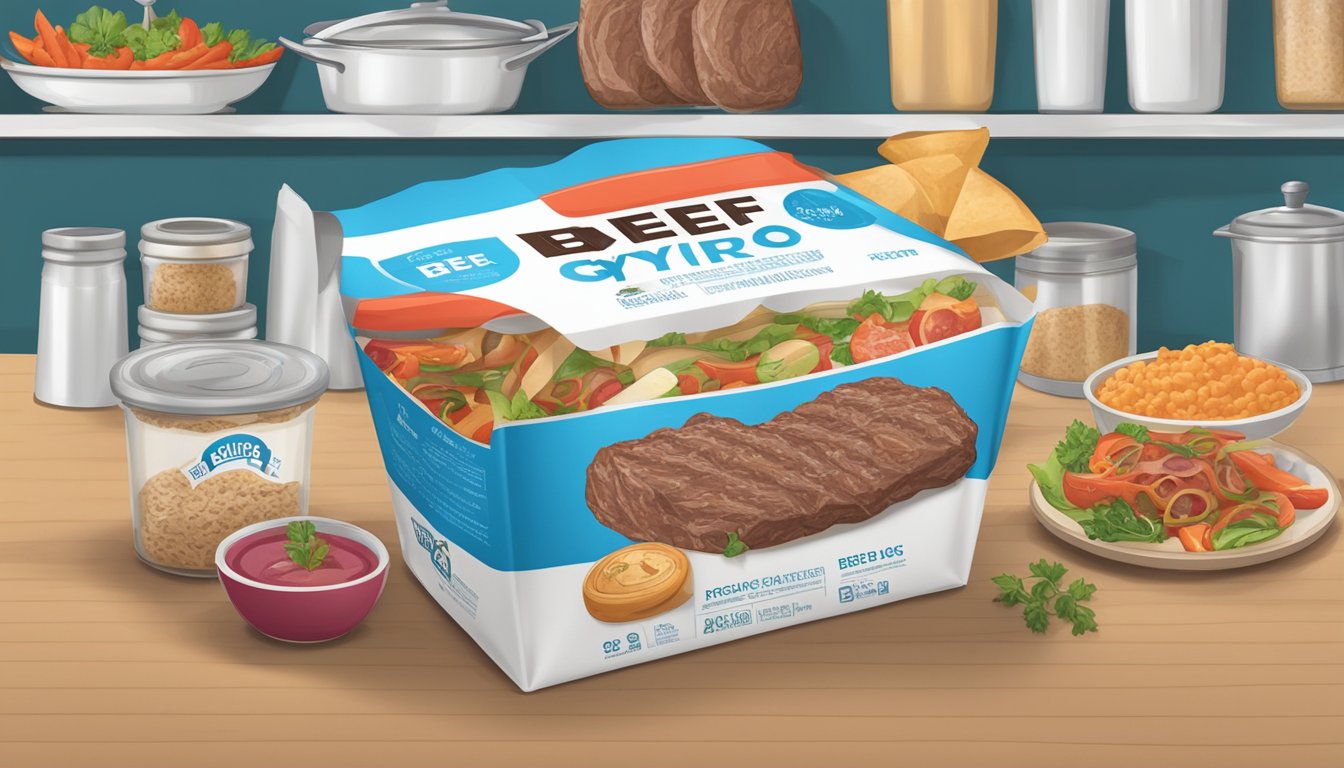 A package of beef gyro sits on a kitchen shelf, surrounded by various food items. The expiration date is visible on the packaging