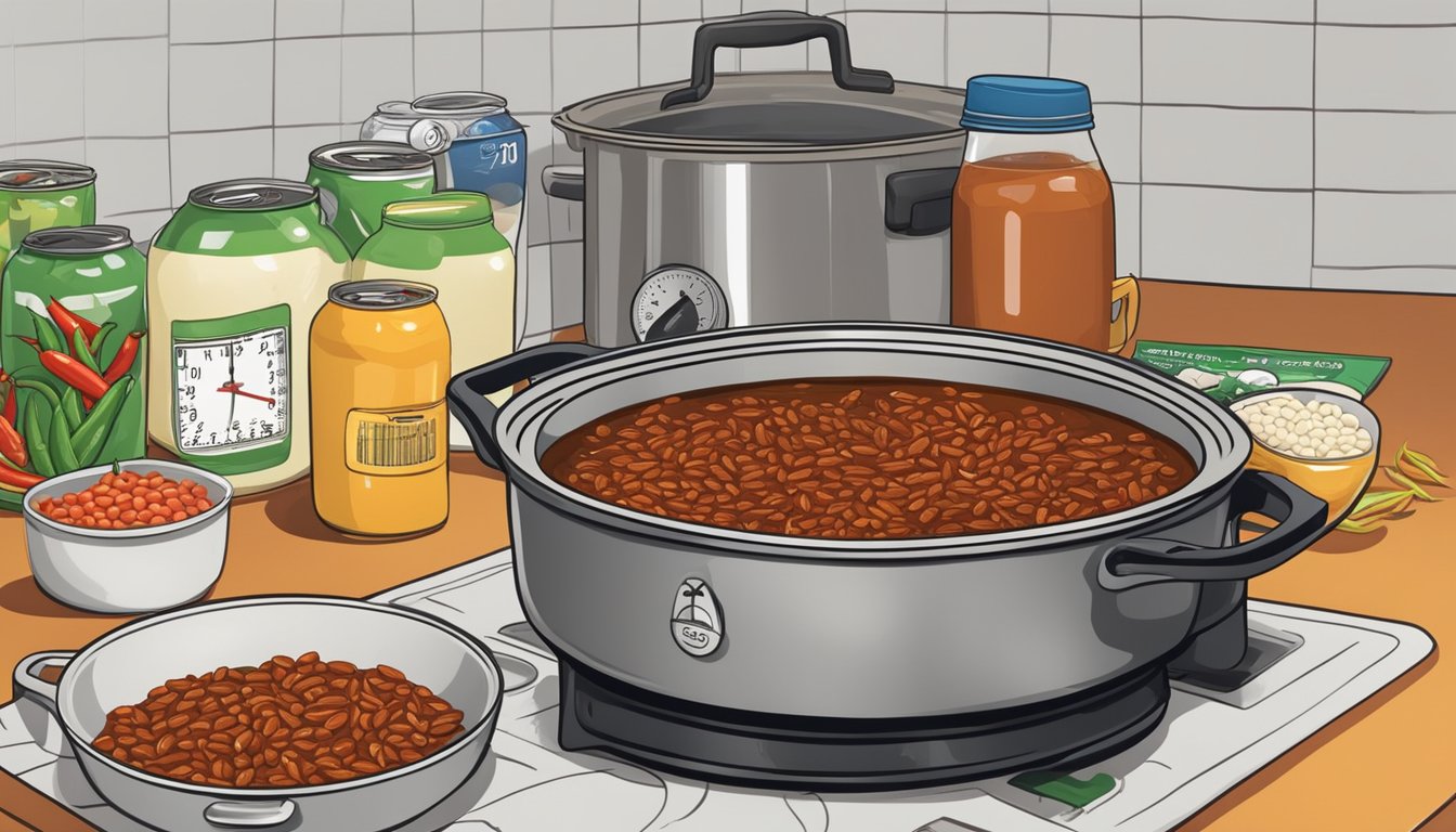 A pot of beef chili simmering on a stovetop, surrounded by various types of chili peppers and cans of beans, with a calendar on the wall showing the current date