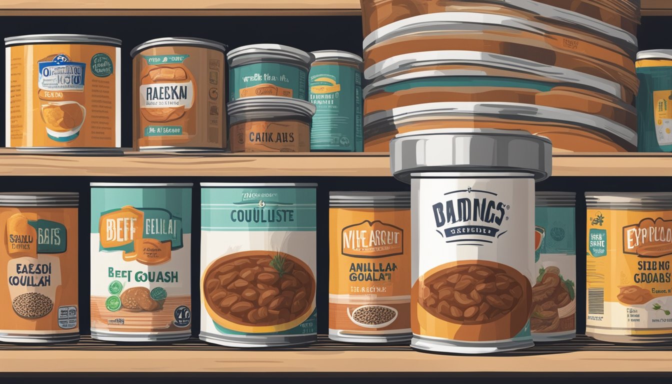 A sealed container of beef goulash sits on a kitchen shelf, alongside other canned and packaged foods. The expiration date is clearly marked on the label