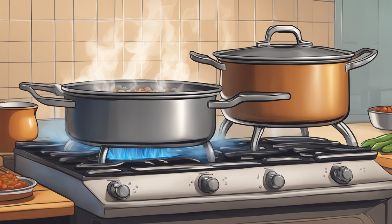 A pot of beef chili sits on a stove, steam rising as it goes through freezing and thawing process