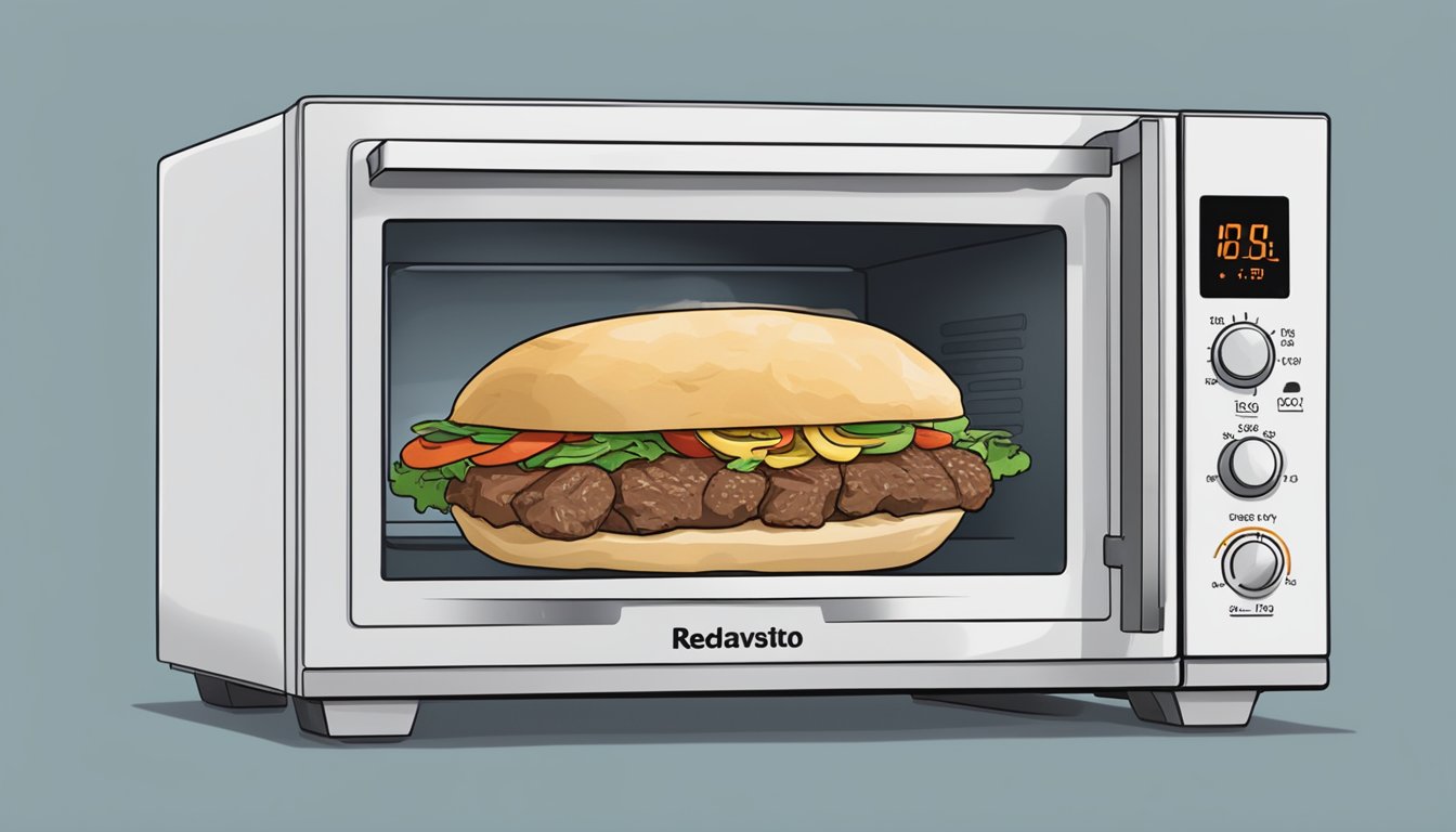 A beef gyro sits in a microwave next to a plate. The microwave timer reads 1:30, indicating the safe reheating time