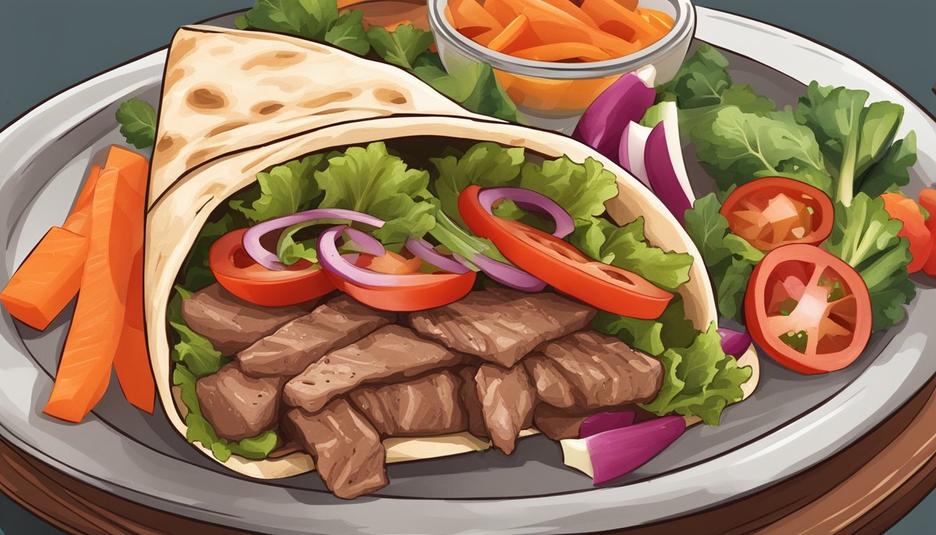 Sliced beef gyro sits on a plate surrounded by fresh vegetables and pita bread