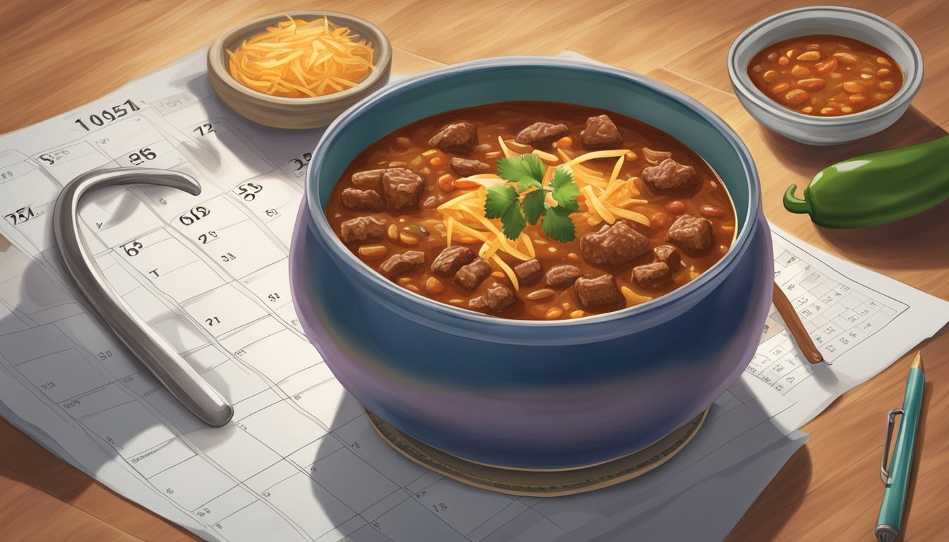 A bowl of beef chili sits on a kitchen counter, surrounded by a calendar and a clock, indicating the passage of time