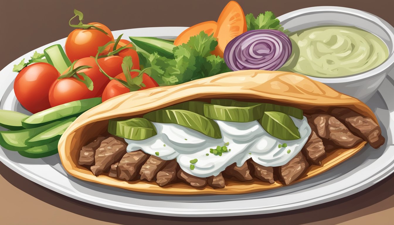 A beef gyro sits on a plate, surrounded by fresh vegetables and a side of tzatziki sauce. The meat is tender and juicy, with a golden-brown exterior