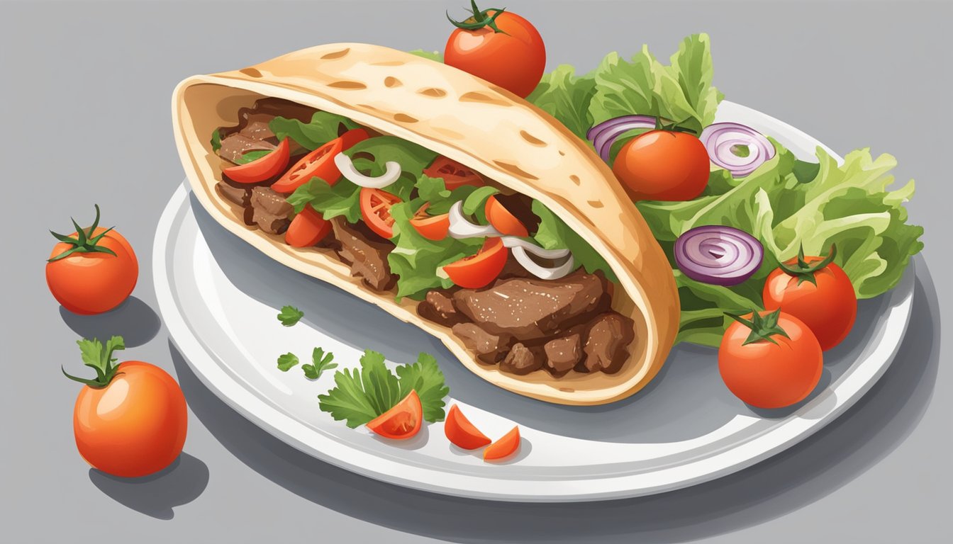 A beef gyro sits on a white plate, surrounded by vibrant tomatoes, crisp lettuce, and warm pita bread. The savory aroma fills the air