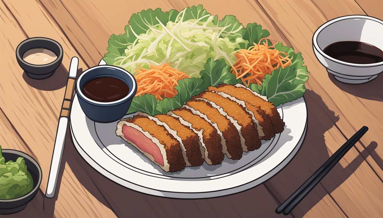 A plate of beef katsu sits on a wooden table, surrounded by a bed of shredded cabbage and a side of tangy tonkatsu sauce