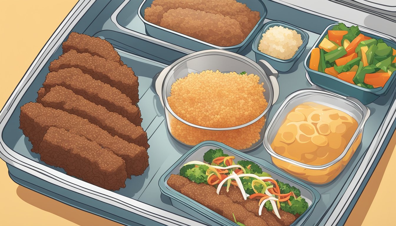 A cooked beef katsu sits on a plate next to a container with a tight-fitting lid. The katsu appears fresh and is surrounded by other food items in a well-organized refrigerator